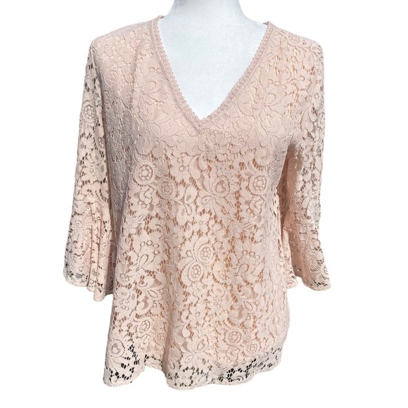 LOFT Peachish-Tan Laced Blouse with Bell Sleeves Ladies Medium nwot - Picture 2 of 9